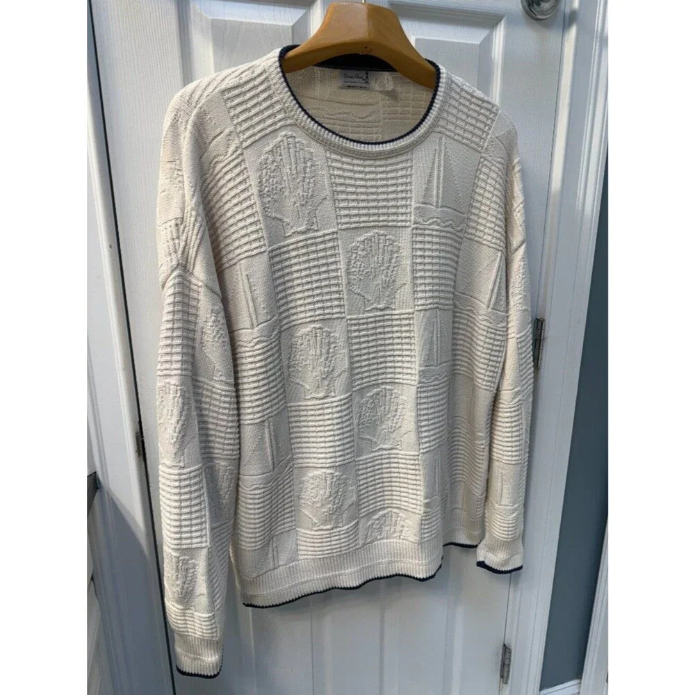Vintage Crown Point Cotton Nautical Sweater U.S.A Sailboats Seashells Cream XXL